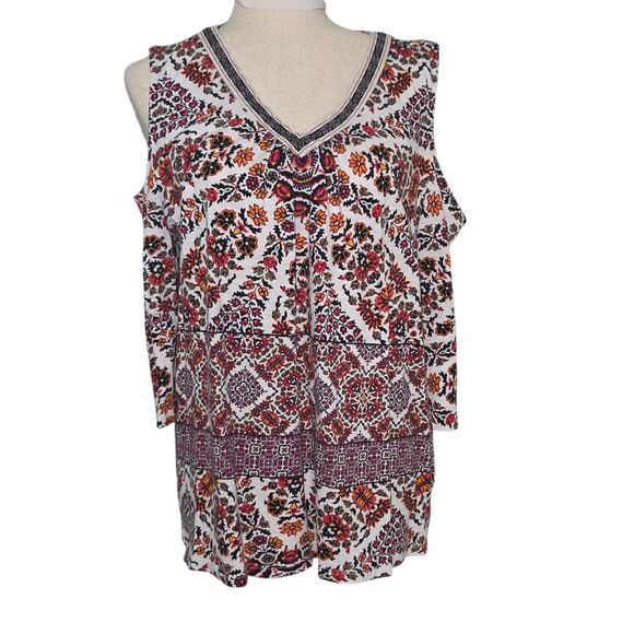 Style & Co Cold Shoulder Embroidered Trim Cotton Boho Chic Top Multicolor Size L - Picture 11 of 15